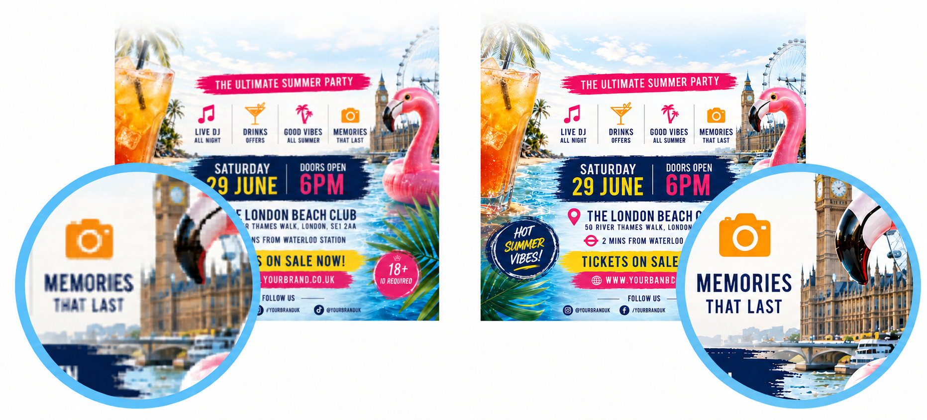 The same summer-party flyer shown with a pixelated detail on the left and a sharp, clear detail on the right, inside blue magnifying circles.